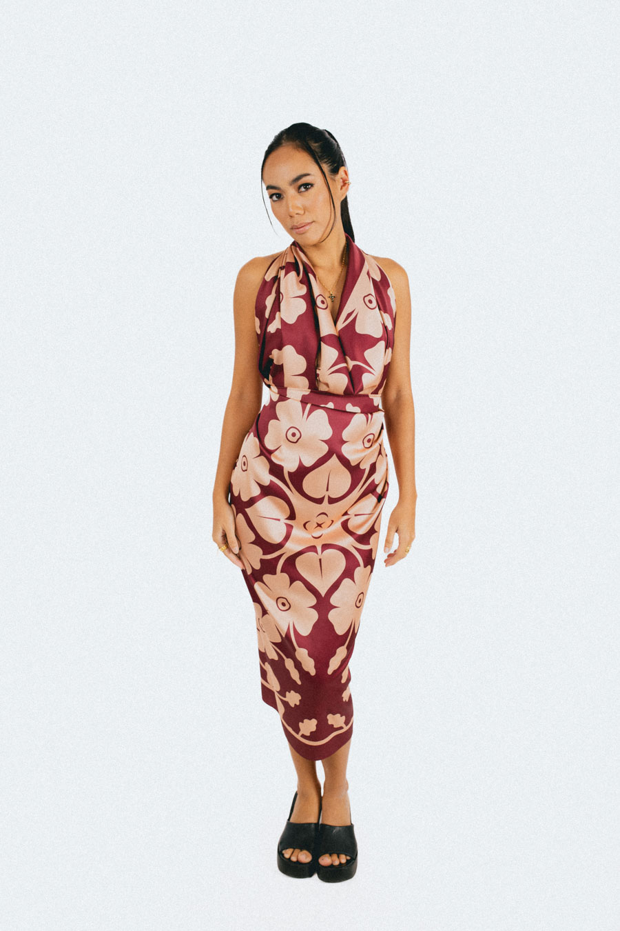 Aimata Tahiti Long Pāreu Aute Bordeaux and Orange